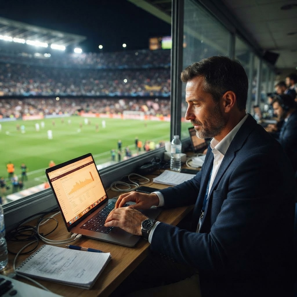 Technical staff reviewing match analysis from a stadium press box overlooking the pitch
