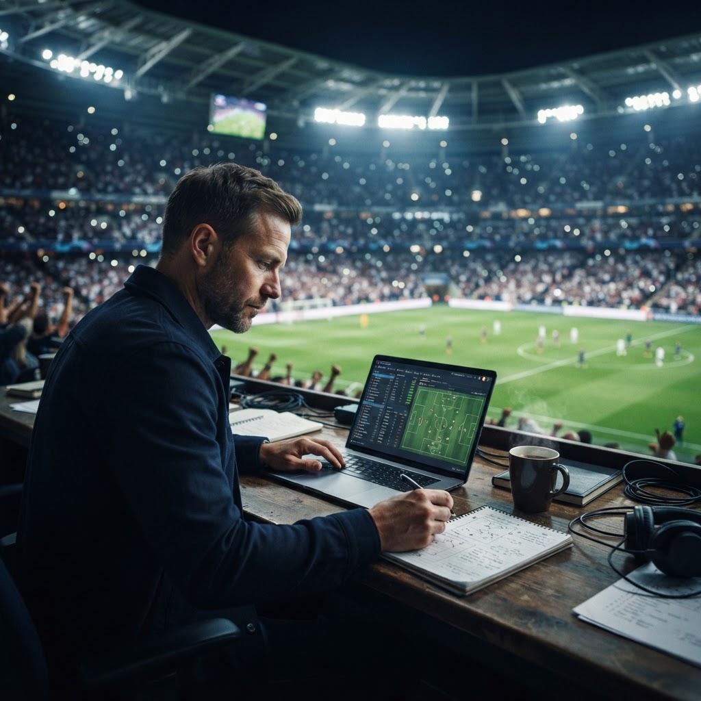 Coaching staff reviewing a post-match report overlooking a night football stadium